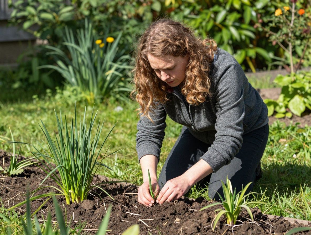 Ruce člověka pečlivě sázející bylinky v zahradě, zemina a zelené výhonky, ranní světlo, detailní záběr