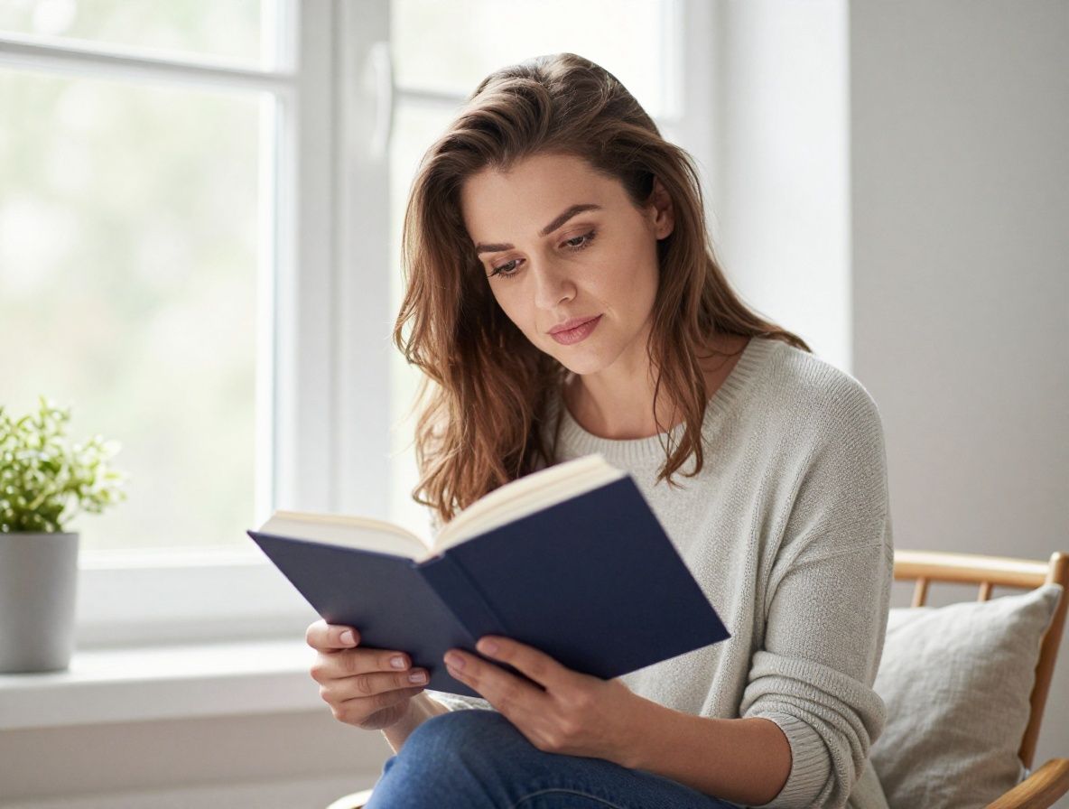 Žena sedí u okna a čte knihu v útulném domácím prostředí, přirozené denní světlo, klidná atmosféra, pohled ze strany