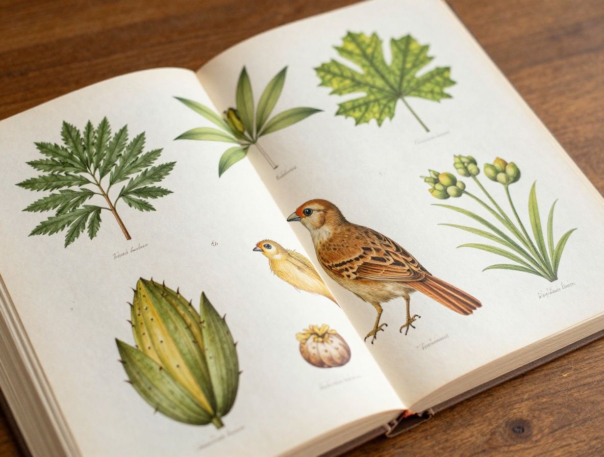 Stará kniha s botanickými ilustracemi rostlin a bylin otevřená na dřevěném stole, teplé žluté světlo svíčky, pergamen a staré nástroje